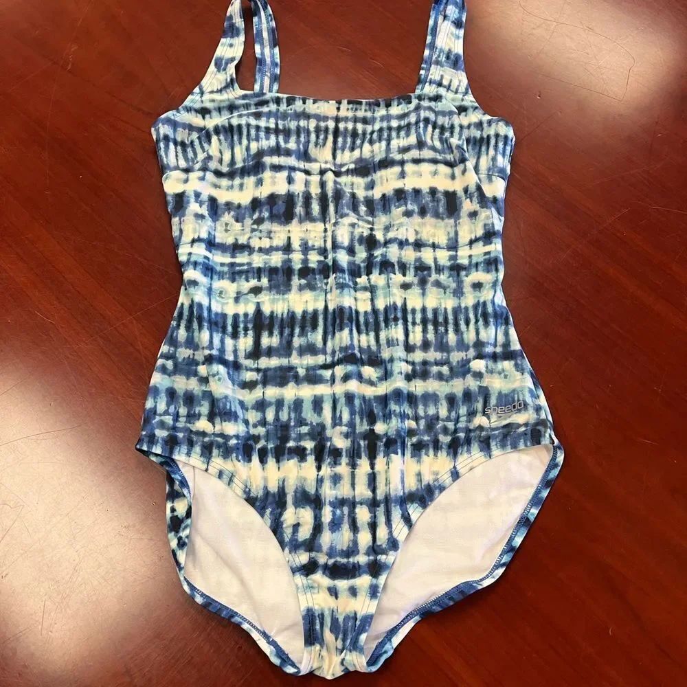 Speedo Blue Tie Dye Square Neck Swimsuit sz L EUC